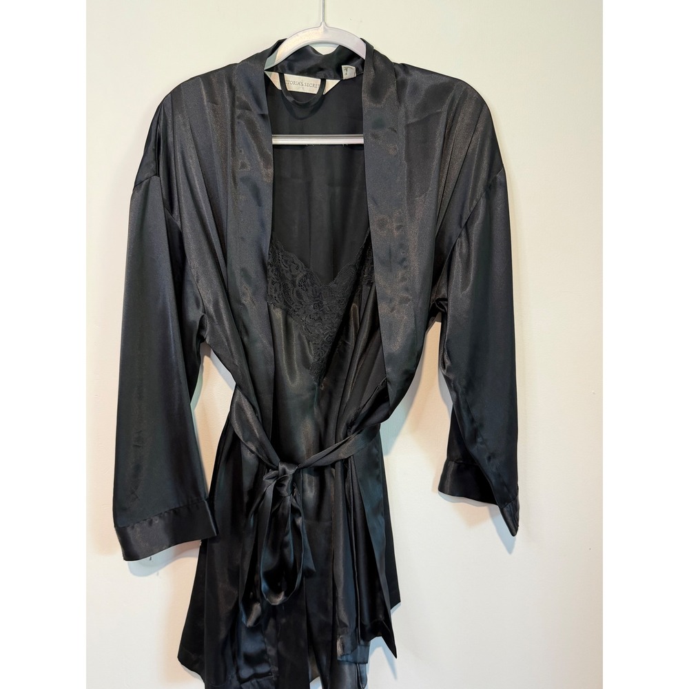 Vintage Victoria's Secret Black Satin Chemise Nightgown and Robe Set Small